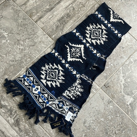 Polo Ralph Lauren Wool & Nylon Geometric Ski Scarf, Navy One Size New with Tag - Picture 2 of 8